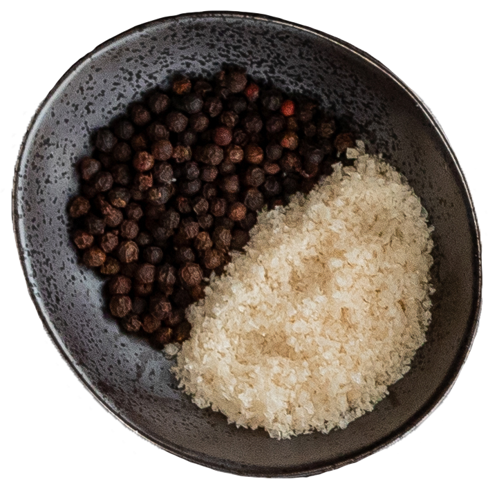 Salt and pepper in a small grey bowl